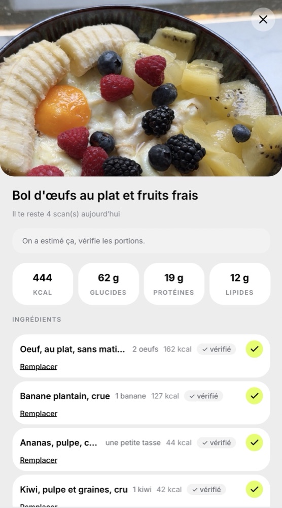 Estimation des portions et des ingrédients, à vérifier en un geste.