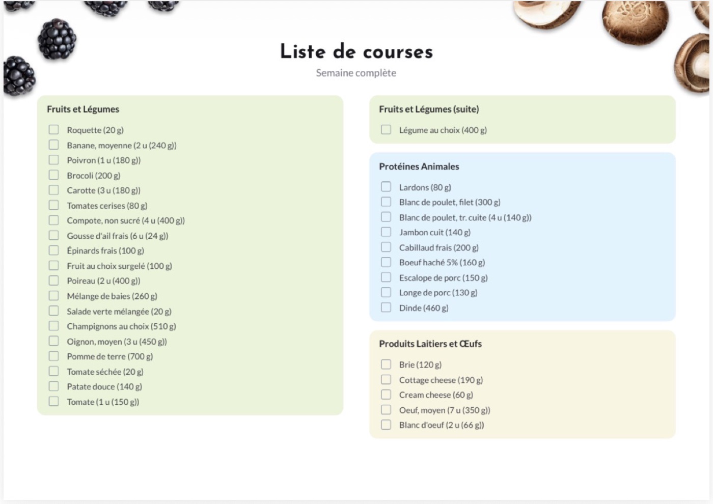 Ta liste de courses de la semaine, prête à cocher.